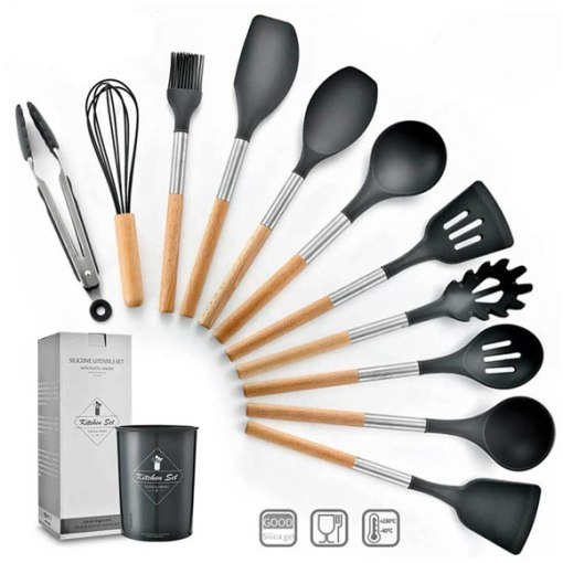 12Pcs-Silicone Kitchenware Set Kitchen Utensils Cooking Sets Non-stick Spatula Silicone Kitchen Tools with Wooden Handle Heat Resistant Non-Toxic BPA Free